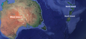 Silly map of Australia labelling it as the west island of New Zealand